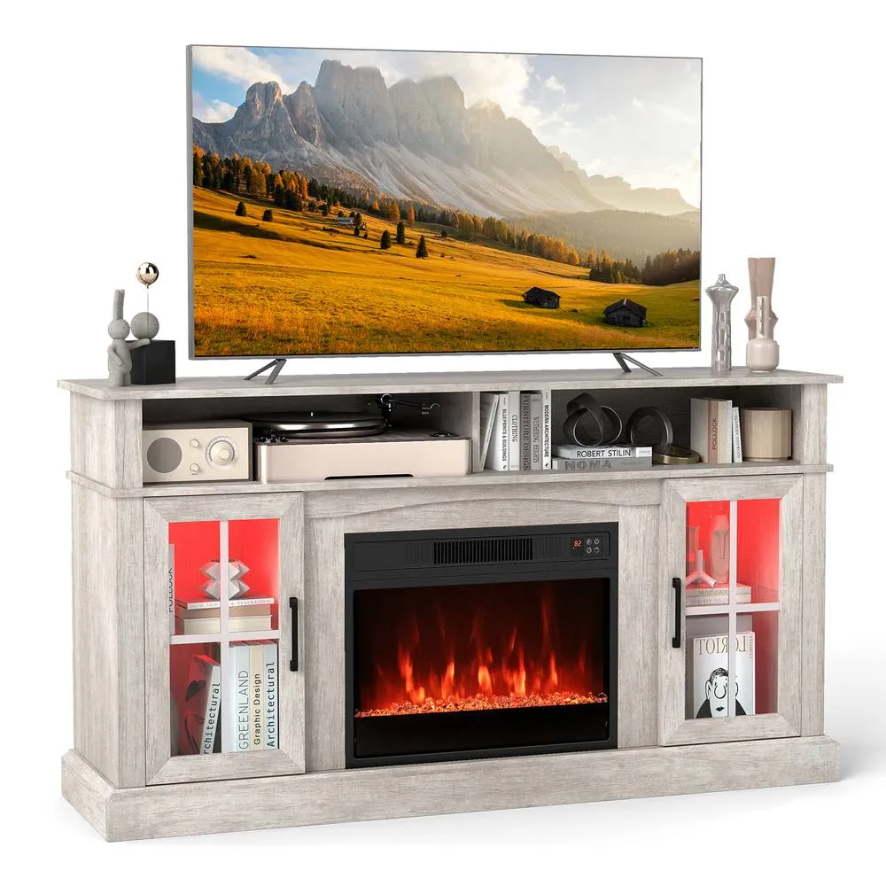Costway Fireplace TV Stand w/ LED Lights Entertainment Center for 65 Inch TV in Grey
