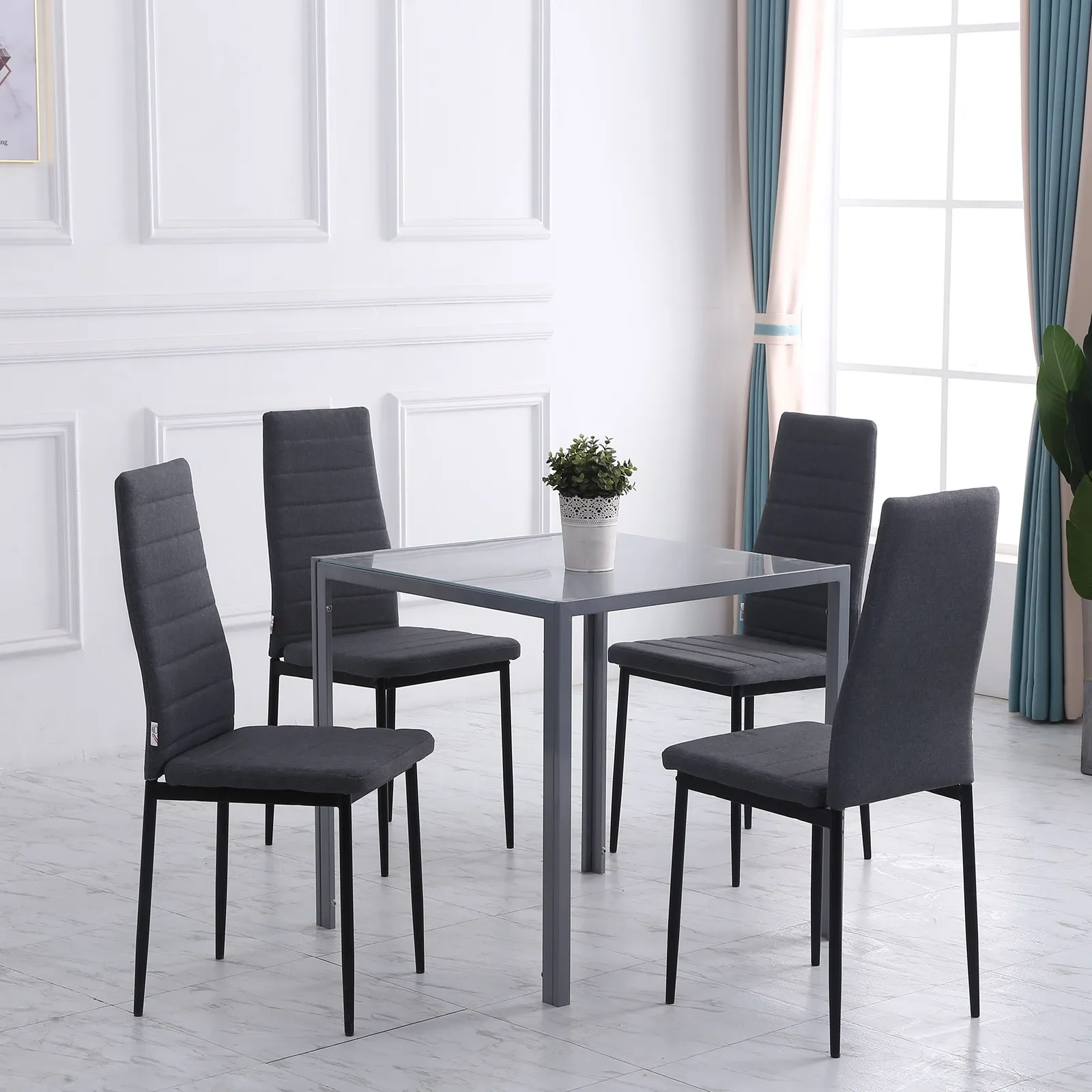 HOMCOM High Back Dining Chairs Upholstered Linen Touch Fabric Accent Chairs in Grey