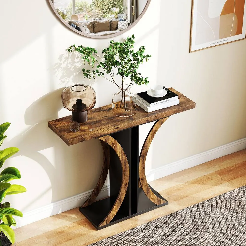 Costway 100 cm Rectangular Entryway Table with Geometric Frame in Brown 6