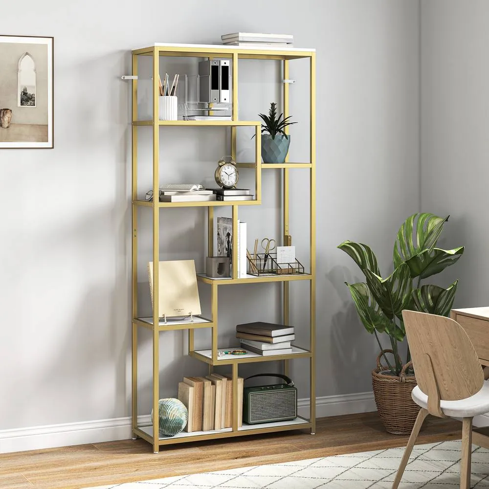 HOMCOM Modern Bookcase 7-Tier Bookshelf Shelving Unit White Gold Tone