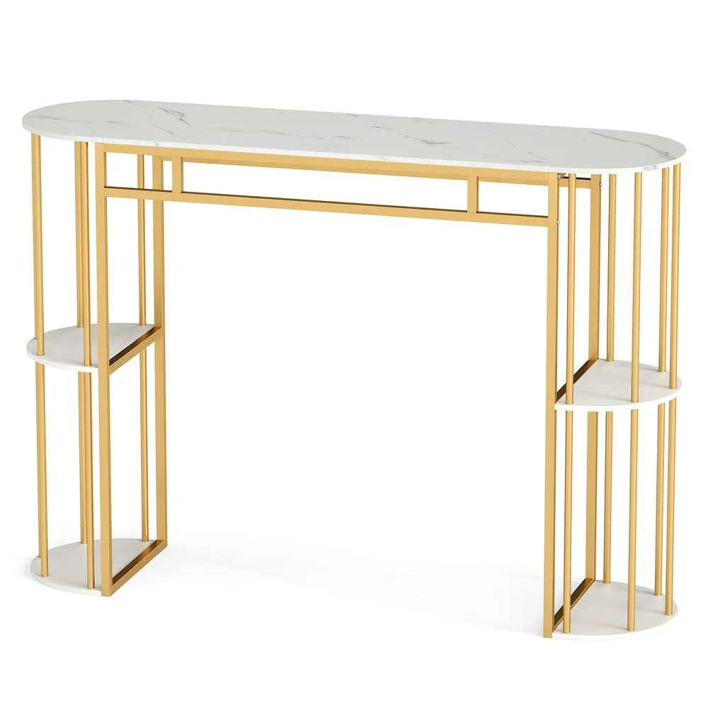 Costway 150cm Bar Height Table Pub Table w/ Faux Marble Tabletop &Shelves in White