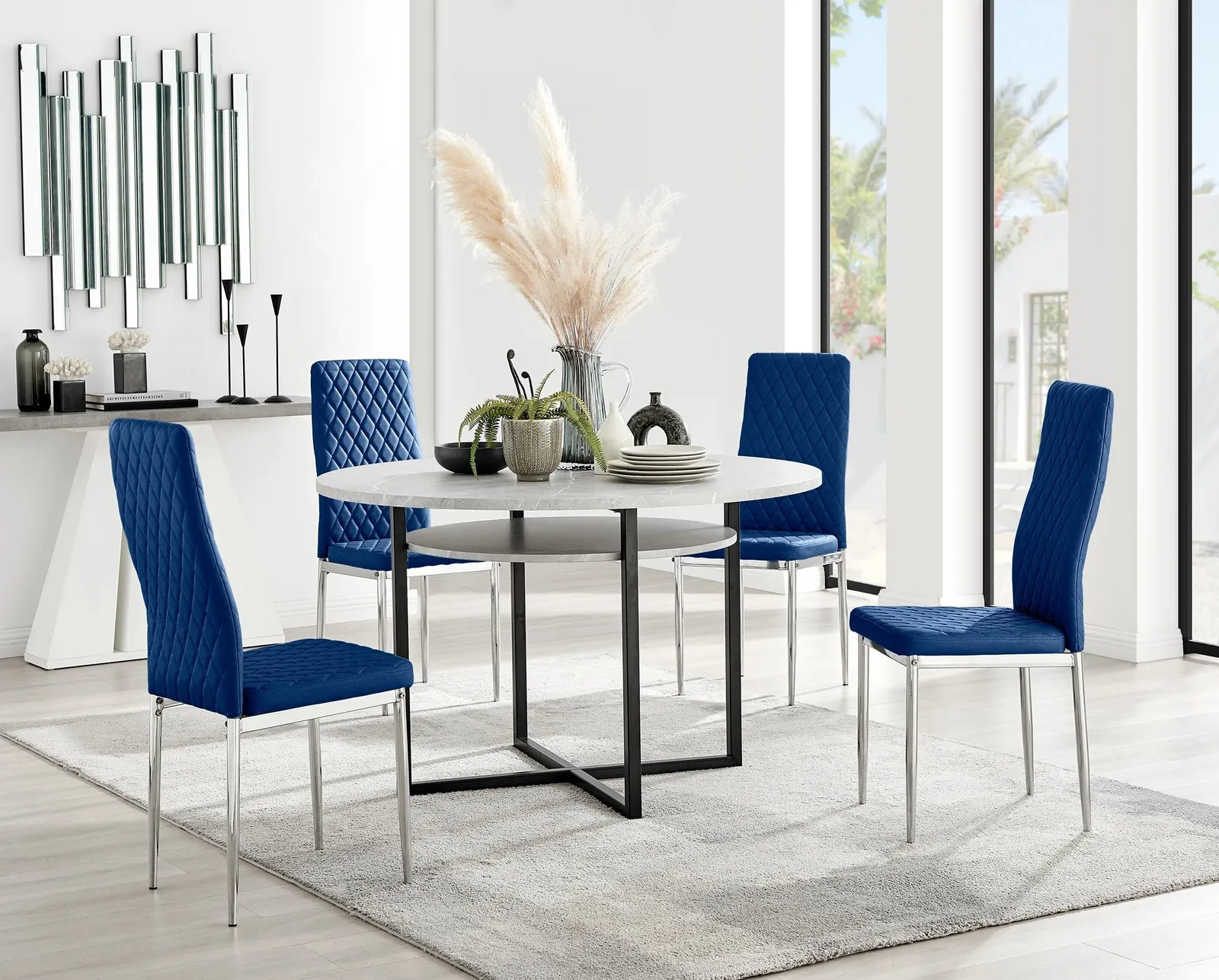 FurnitureboxUK Adley Grey Concrete Effect Round Dining Table & 4 Velvet Milan Chairs in Navy 1
