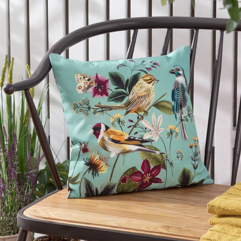 Wylder Nature Midnight Garden Birds Water & UV Resistant Reversible Outdoor Cushion in Aqua