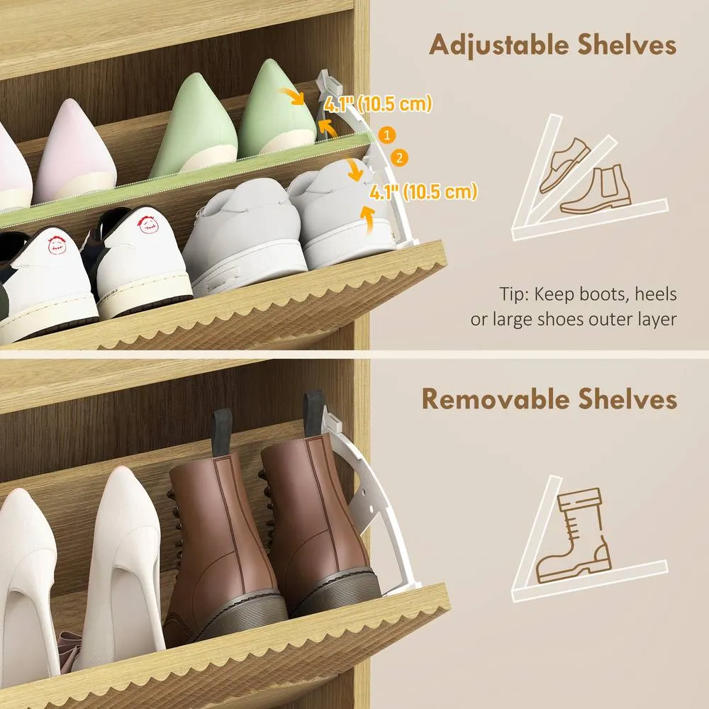 HOMCOM Narrow Shoe Cabinet, Shoe Storage Cabinet with 2 Flip Drawers, Oak in Natural 6