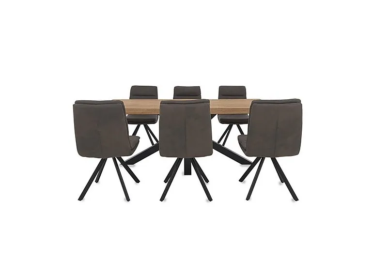 Njord 160cm Compact Raw Edge Dining Table with Metal Star Base and 6 Anthracite Fabric Swivel Chairs - Storm Wood