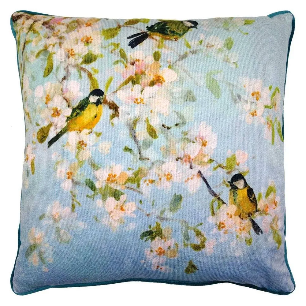 Fletcher Prentice Song Birds & Apple Blossom Filled Cushion in Bright Blue