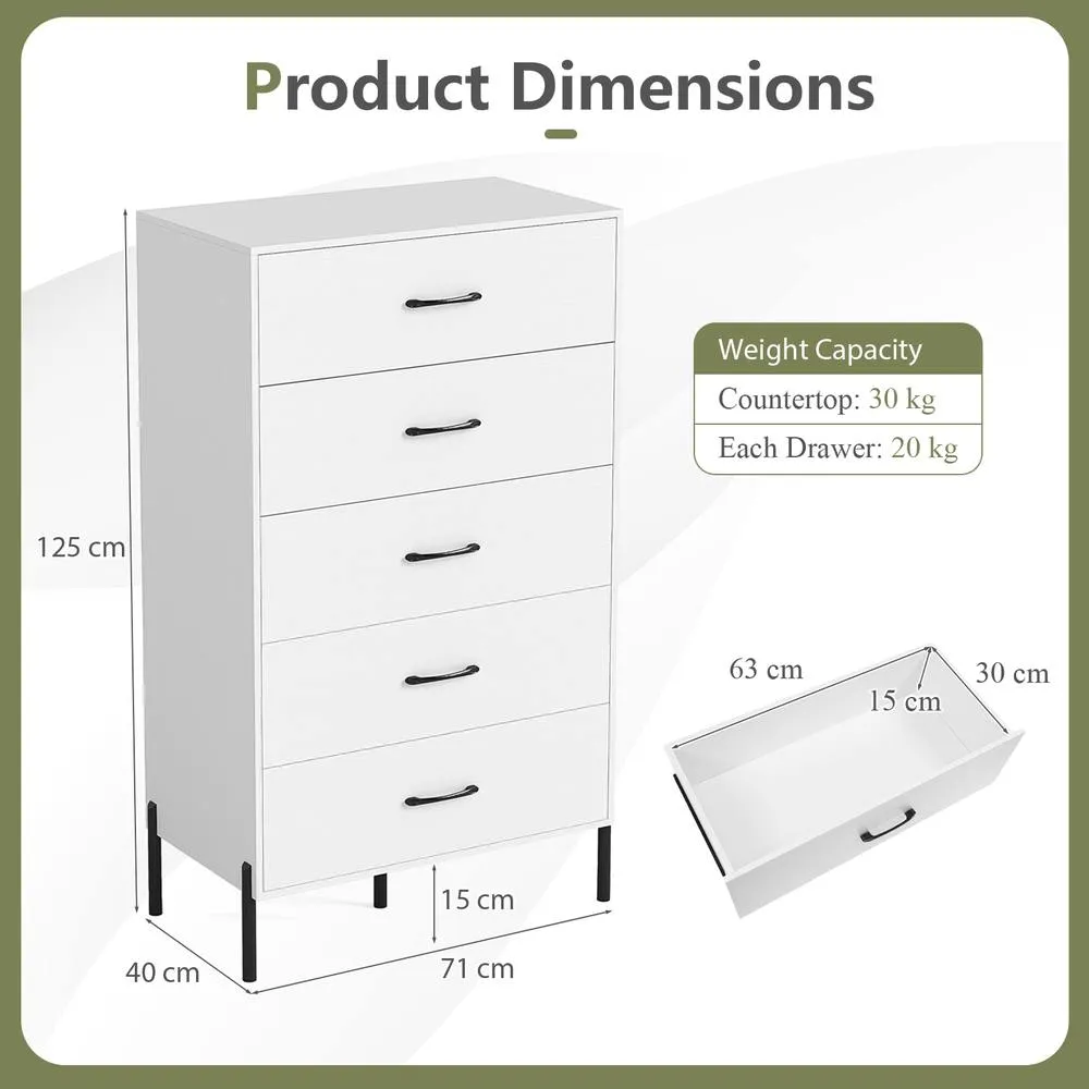 Costway 5-Drawer Dresser Modern Tall Chest of Drawers with Metal Legs-White in White 5