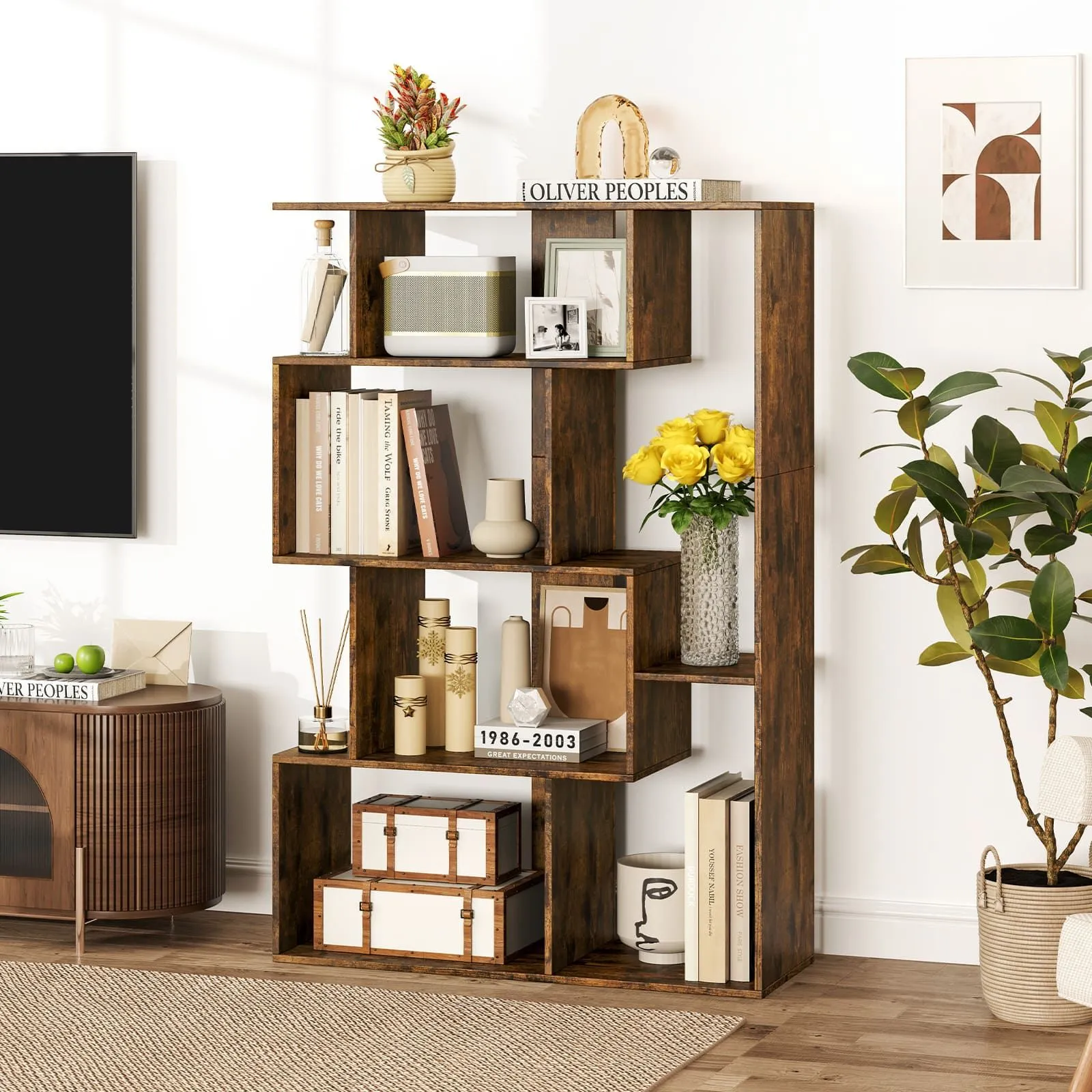 Costway Open-back Geometric Bookshelf Home 6-Cube Large Bookcase in Brown 6