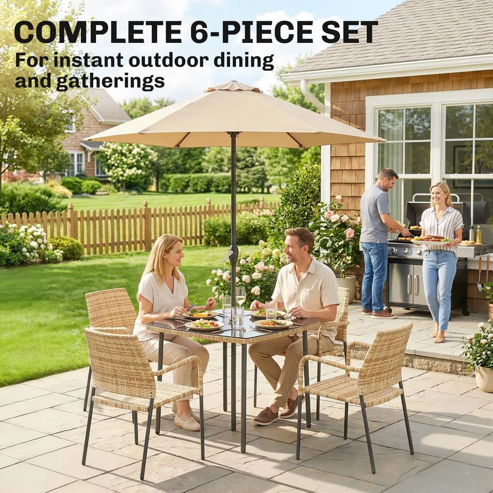 OUTSUNNY 4 Seater Rattan Dining Set with Parasol, Light Brown 4