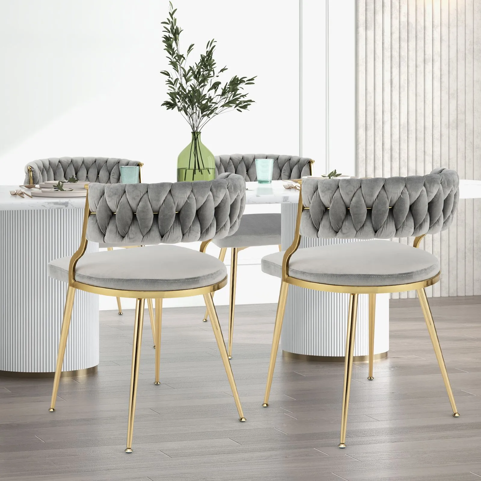 Costway Set of 2 Dining Chairs Upholstered Armless Velvet Accent Chair With Woven Back in Grey 6
