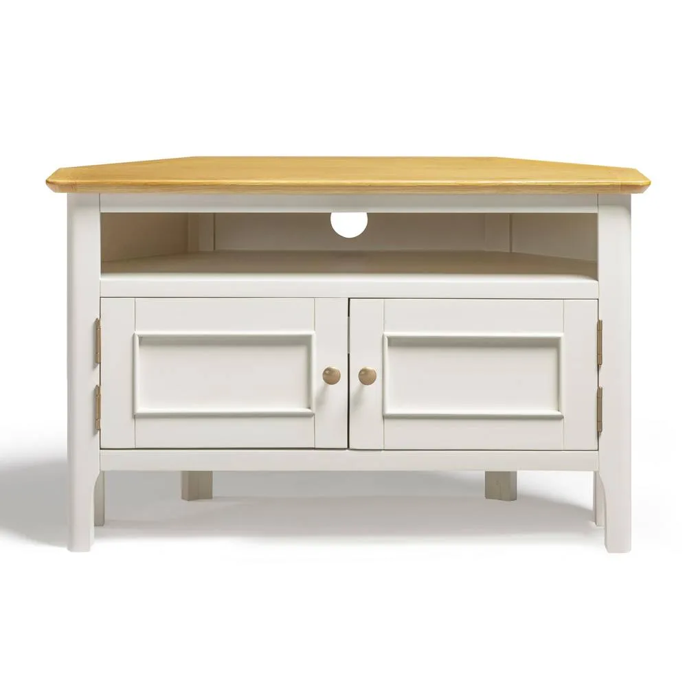 FurnitureboxUK Belle Solid Oak Wood & Cream Corner TV Stand 3