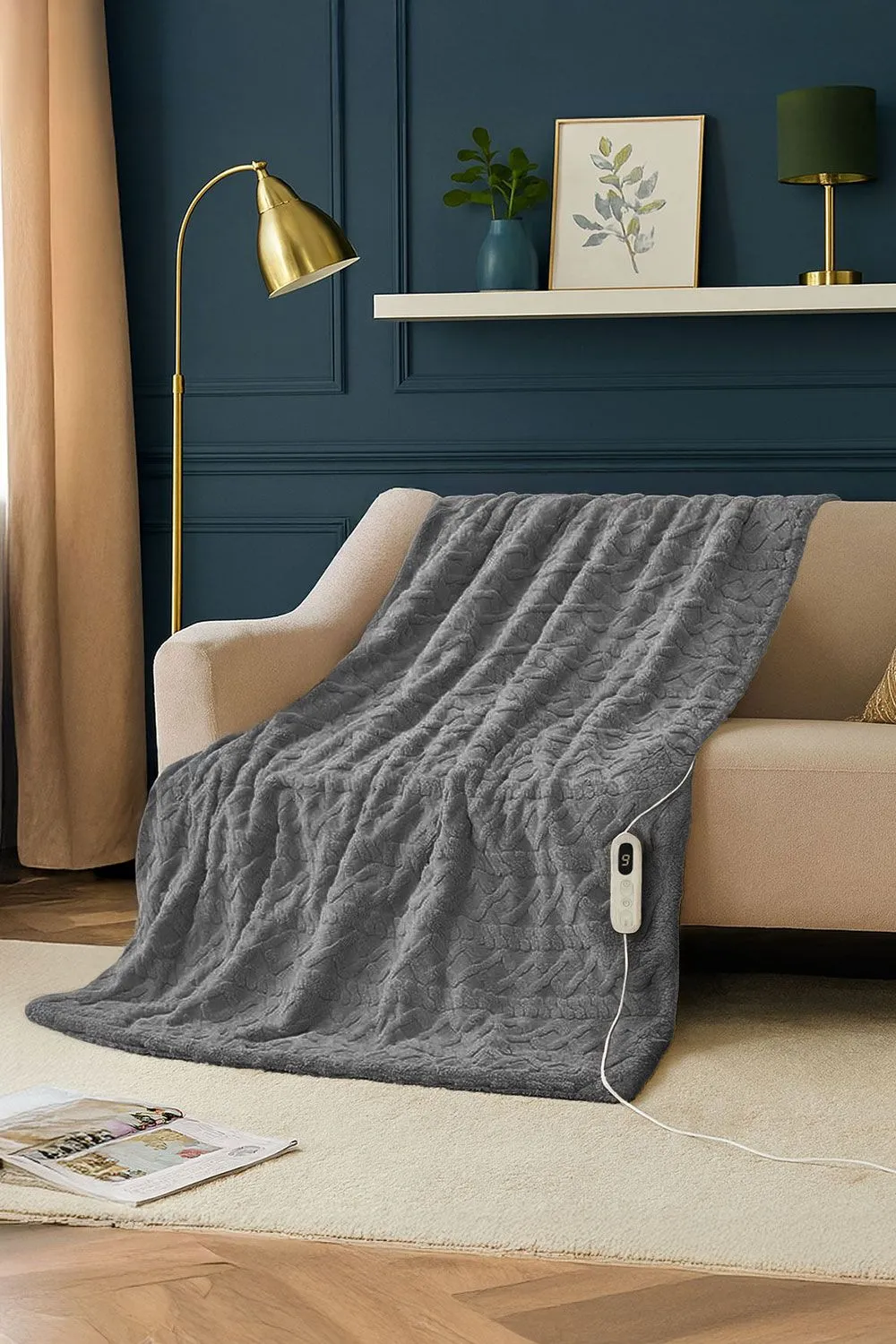 Neo Electric Cable Knit Effect Heated Throw Reversible Blanket in Grey