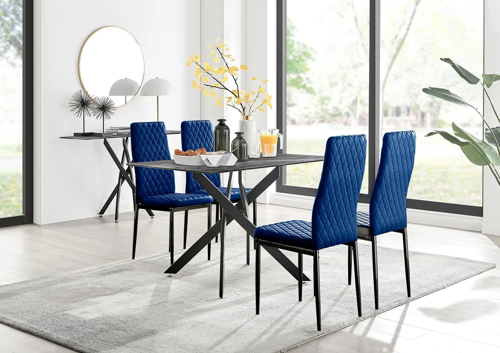 FurnitureboxUK Leonardo Grey Glass Marble Effect Black Leg Table & 4 Velvet Milan Black Leg Chairs in Navy 1