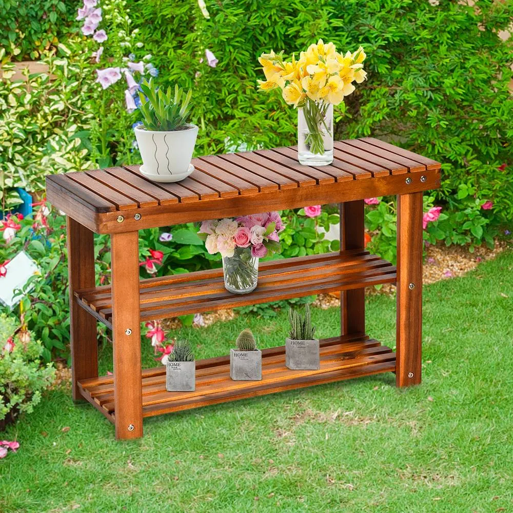 Costway Acacia Wood Shoe Rack Bench 3-Tier Shoe Organizer 70x28x45cm in Brown 4