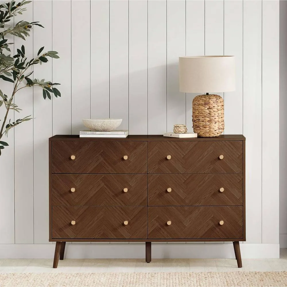 Birlea 6 Drawer Walnut Chest Herringford Chevron Parquet in Brown