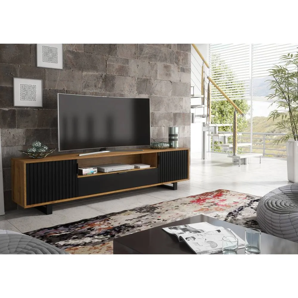 Creative Furniture Blackridge TV Unit 200cm - Dark Oak with Black Fluted Doors & Drawer in Dark Brown 2