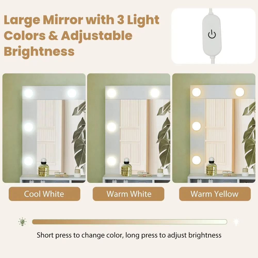 Costway Makeup Vanity Desk Set w/Mirror &Lights Dressing Table w/Stool &Drawer in White 6