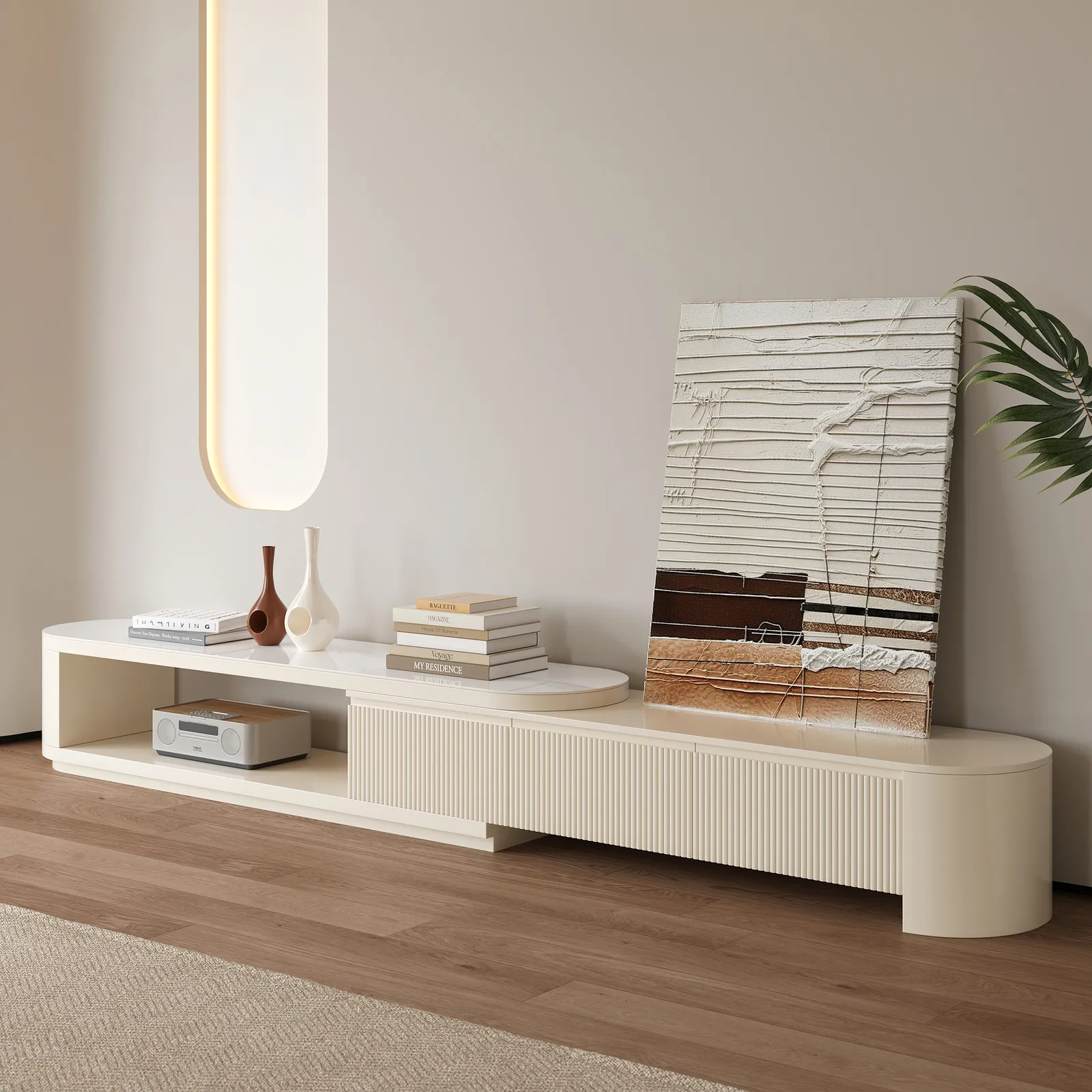 Extendable TV Stand Modern Sintered Stone Top Media Console with 3 Drawers in White