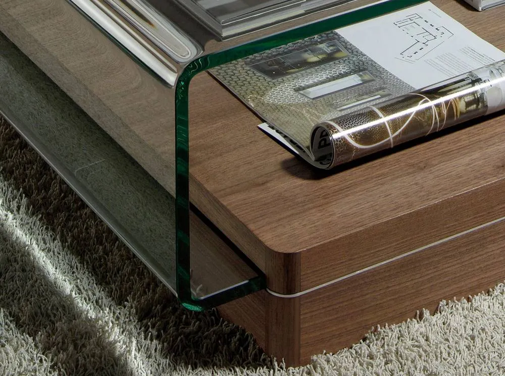 Angel Cerda Rectangular Tempered Glass Coffee Table with Walnut 5