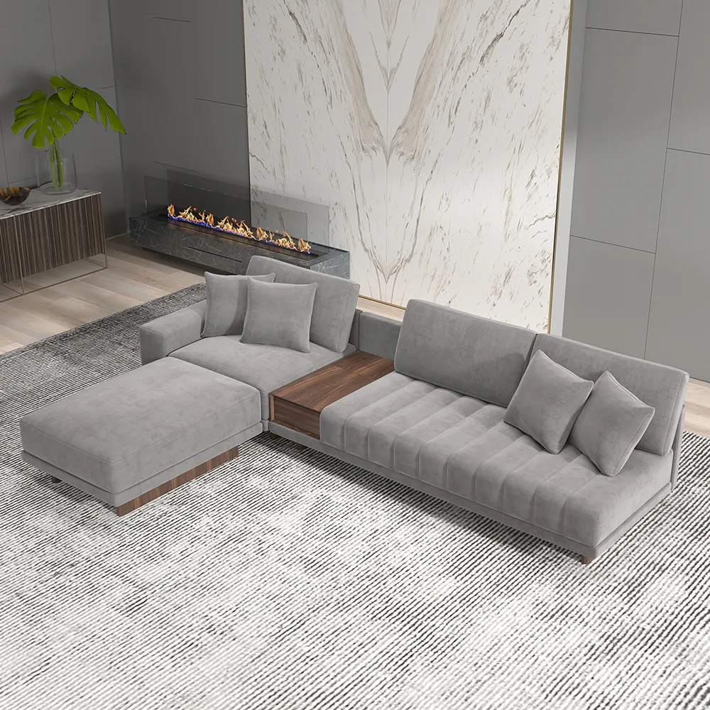 320 cm Velvet L-Shaped Grey Modular Sectional Sofa with Storage Side Table and Ottoman