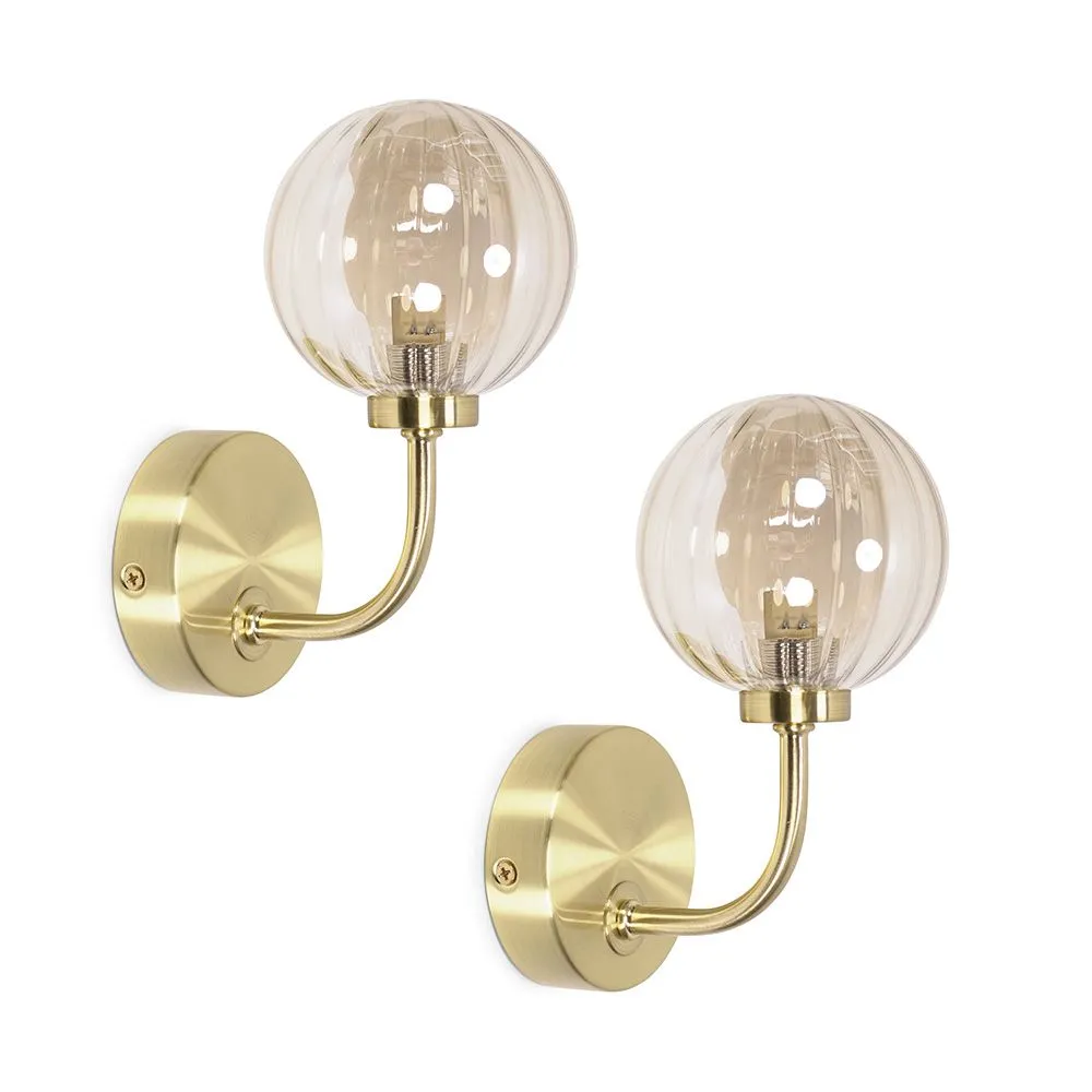 ValueLights Chessy Pair of Ribbed Glass Globe Shade Gold Stem Wall Lights 2