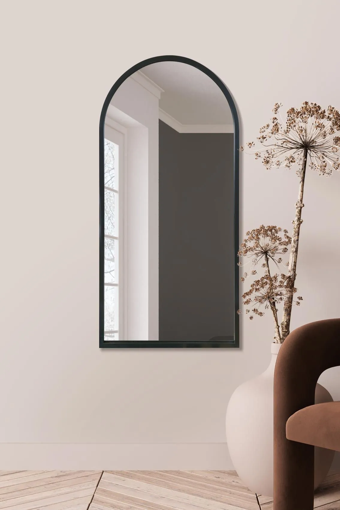 MirrorOutlet Black Metal Framed Arched Wall Mirror 47" X 23.5" (120CM X 60CM)
