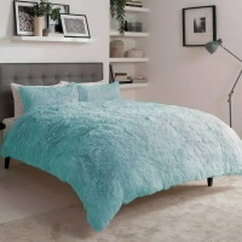 Homes-Linen Alaska Long Fur Teddy Fleece Duvet Cover Set Soft Warm Cosy Bedding in Duck Egg Blue