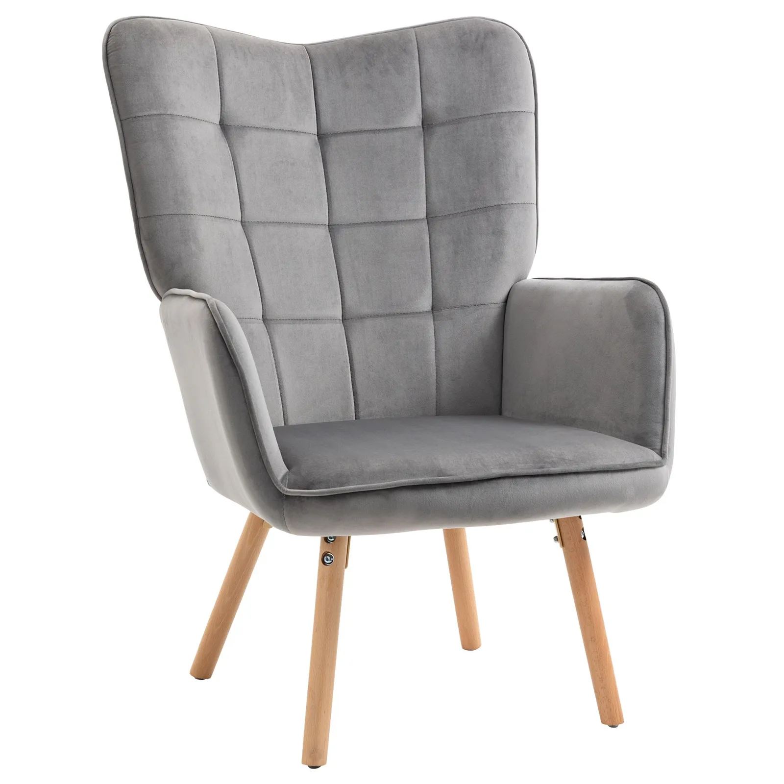HOMCOM Modern Accent Chair Velvet-Touch Tufted Wingback Armchair Wood Legs in Grey 2