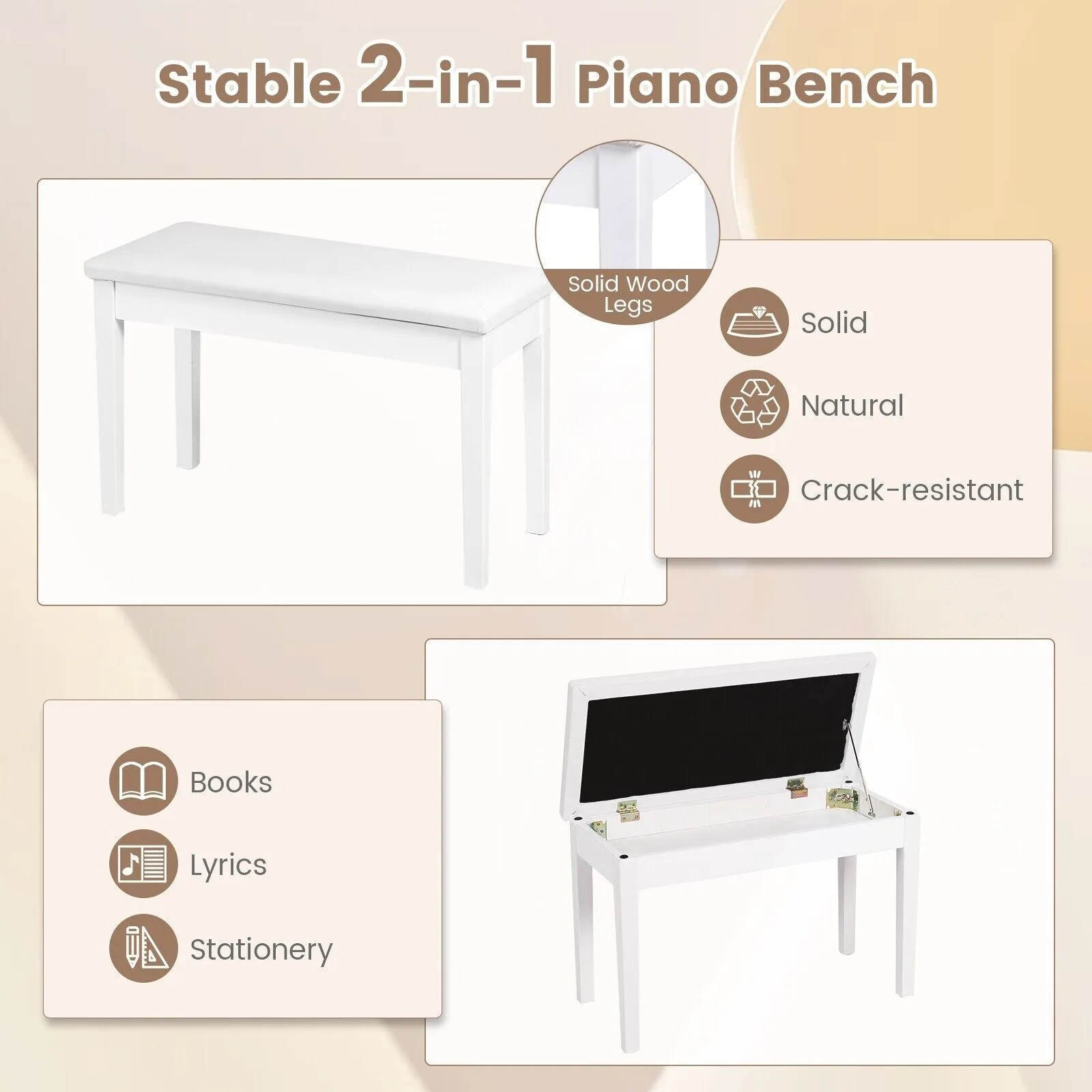 Costway 75cm PU Leather Piano Bench Double Duet Seat Padded Vanity Stool with Storage in White 5