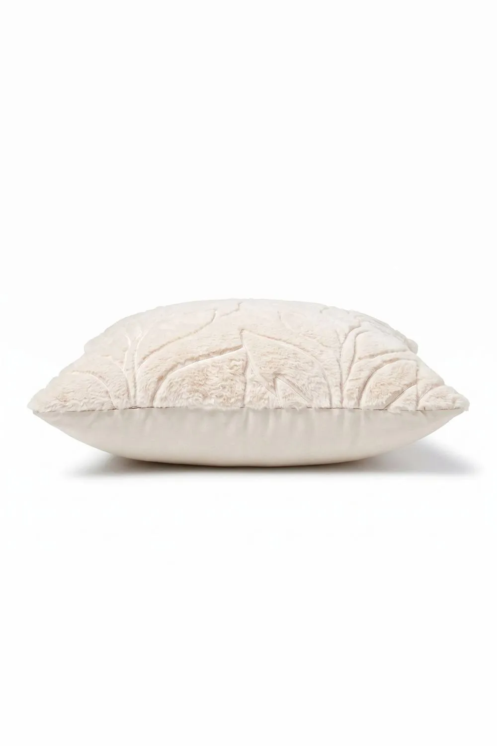 Homescapes Faux Fur Embossed Botanical Leaves Cushion with Cover in Beige 3