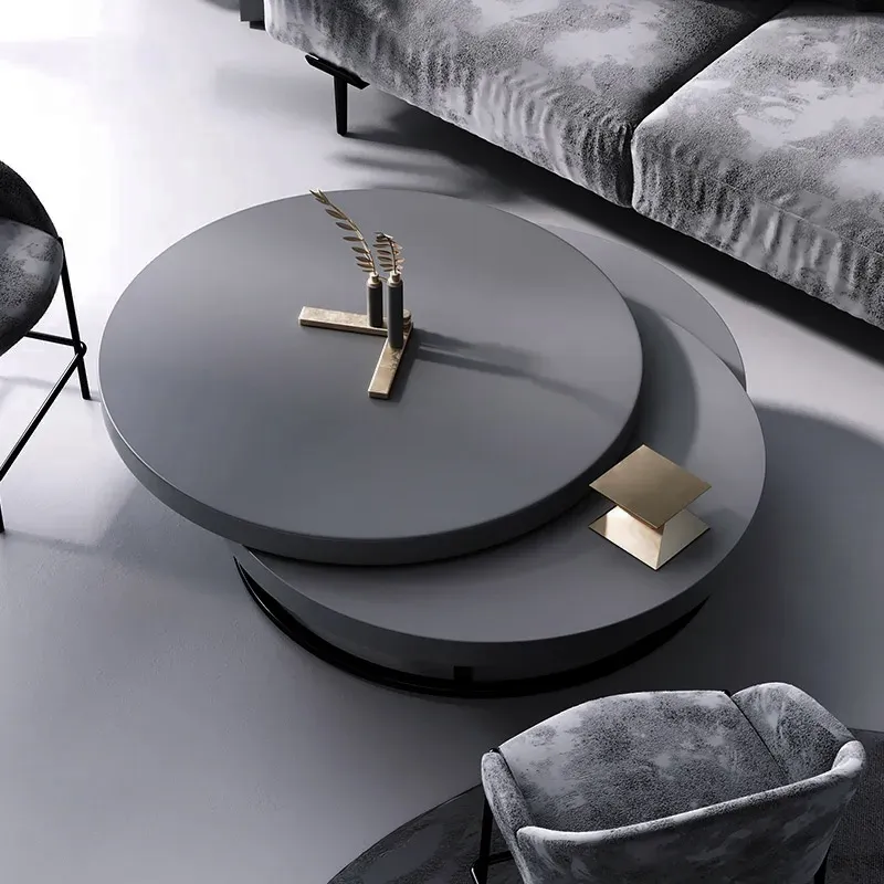Gray Round Modern Wood Swivel Coffee Table with Storage Drawer