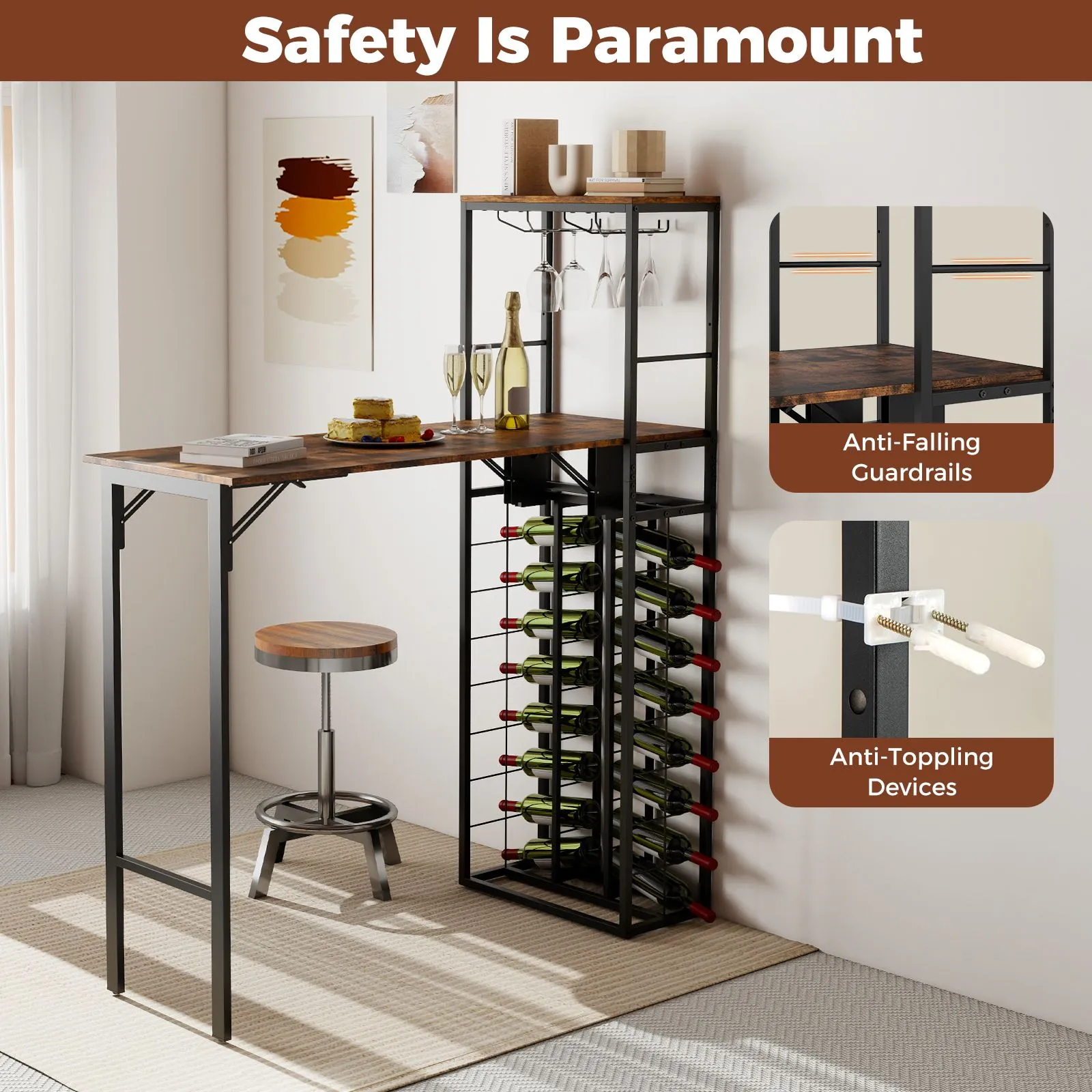 Costway Bar Table Tall Kitchen Island Table with Foldable Tabletop in Brown 5