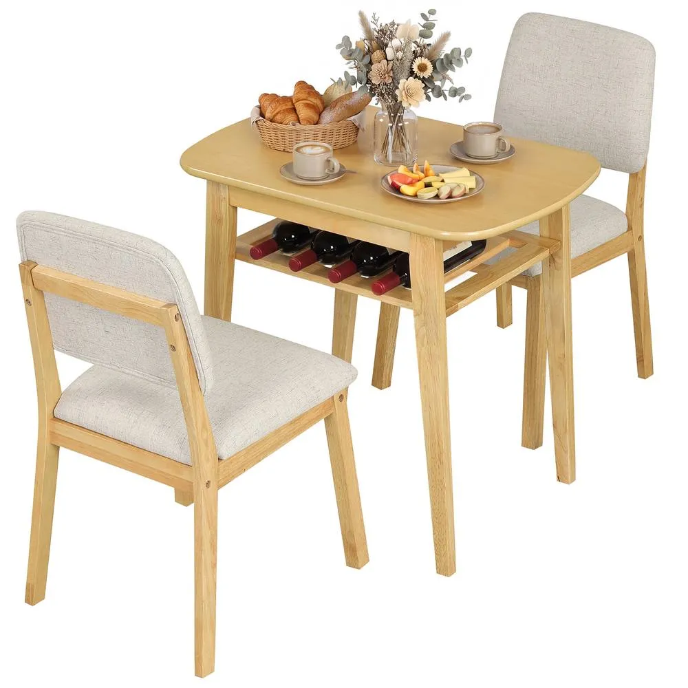 Costway 3-Piece Dining Table Set Solid Wood Kitchen Table with Storage Rack in Khaki