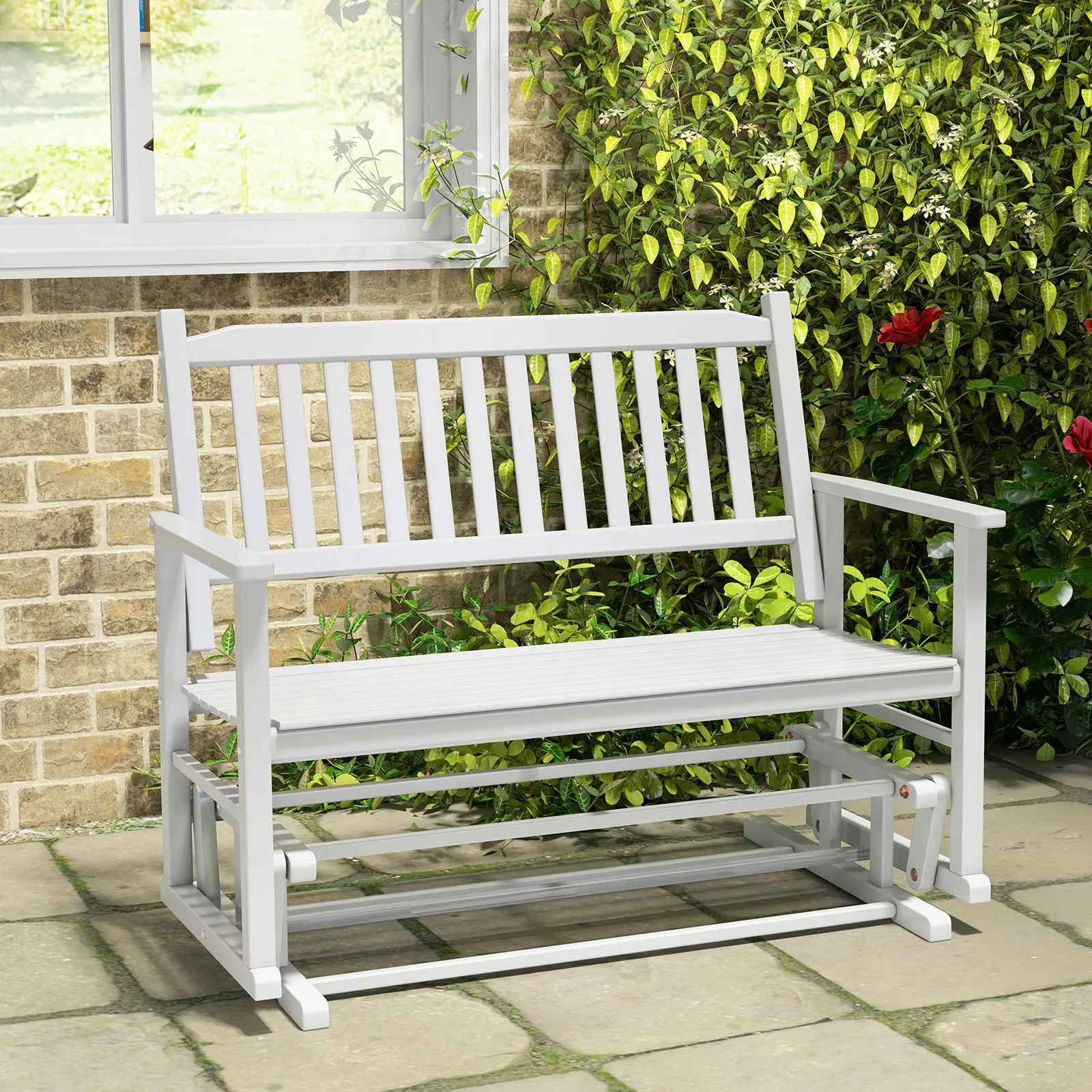 Costway 2 Seats Outdoor Glider Bench Poplar Wood Patio Swing Glider Loveseat Chair with Armrests in White