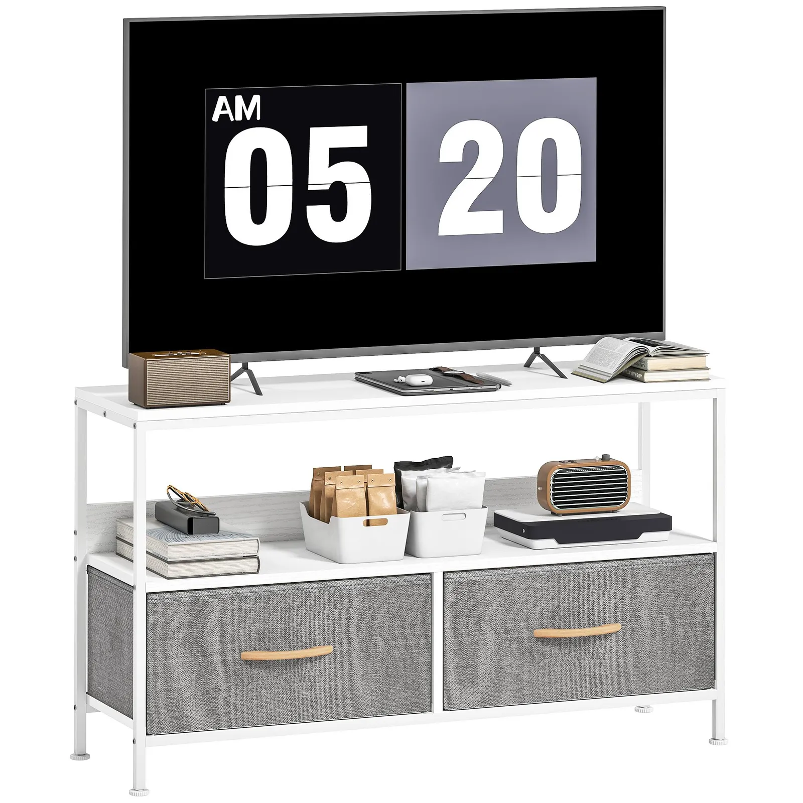 HOMCOM TV Cabinet, TV Console Unit with 2 Foldable Linen Drawers White 2