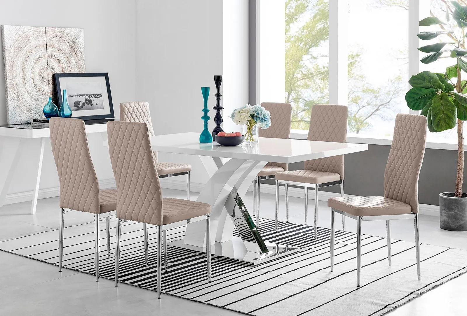 FurnitureboxUK Atlanta Modern Rectangle Chrome Metal High Gloss White Dining Table & 6 Milan Chairs Set in Beige