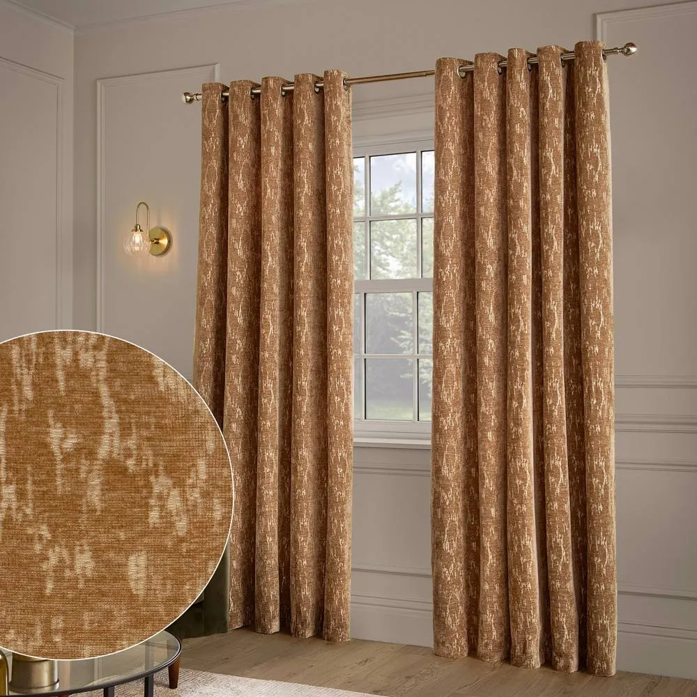 Paoletti Aurelio Chenille Lined Eyelet Curtain Pair Caramel 117Cm Width 137Cm Drop, Brown