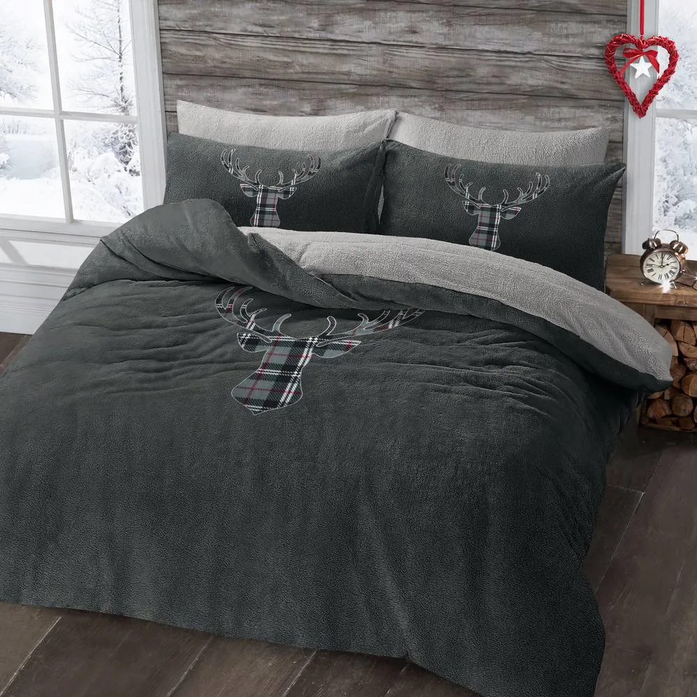 Velosso Stag Head Teddy Warm & Cosy Duvet Cover & Pillowcase Set in Charcoal