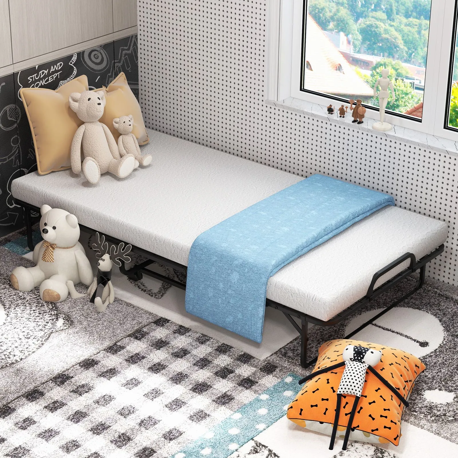 Costway Folding Bed Rollaway Guest Bed Fold up Sleeper Bed W/ 10cm Memory Foam Mattress & 4 Universal Wheels in White 2