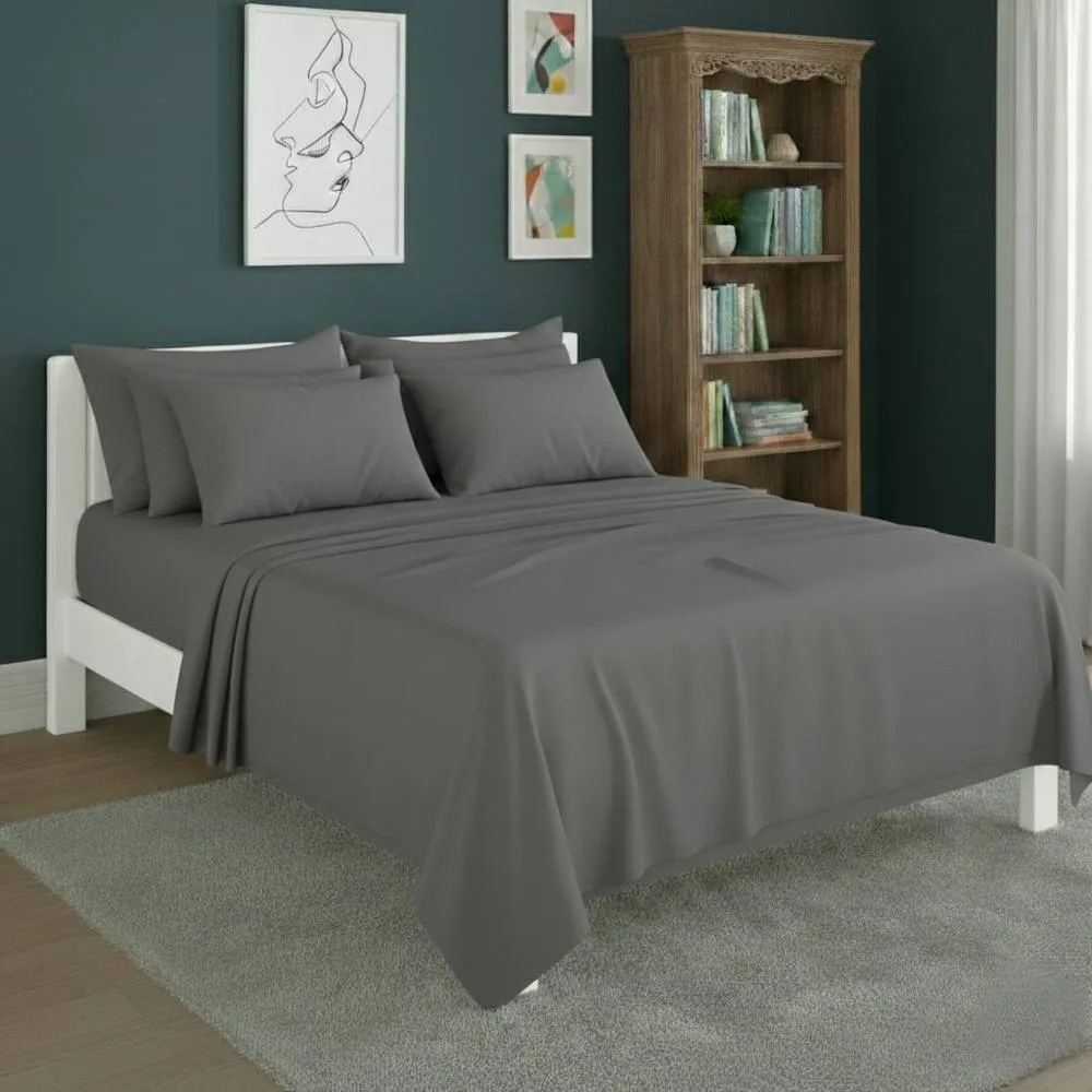 Snug City Plain Poly Cotton Easy Care Fitted Flat Sheet Matching Pillowcases Set in Grey