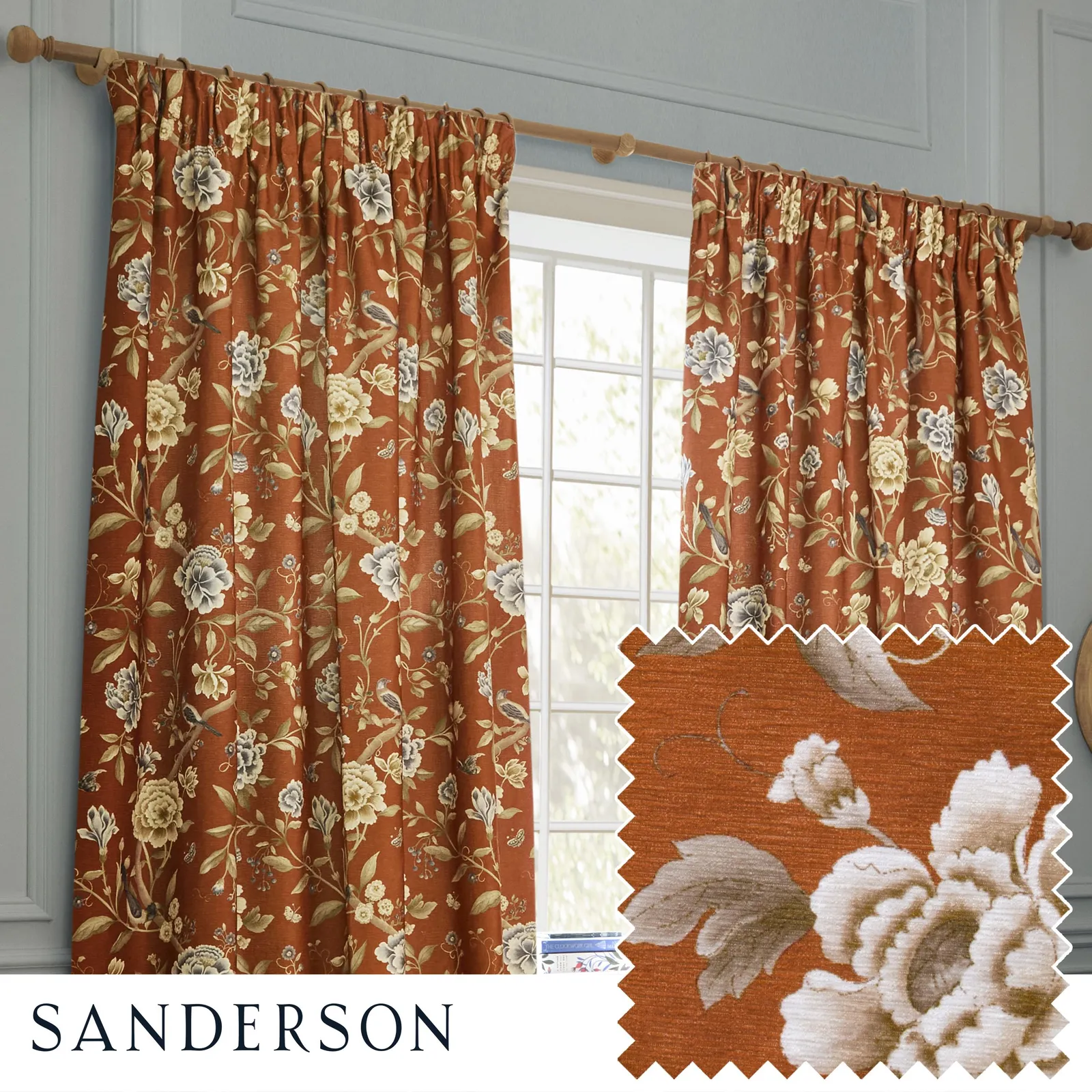 Sanderson Porcelain Garden Printed Chenille Room Darkening Pencil Pleat Curtains in Burnt Orange