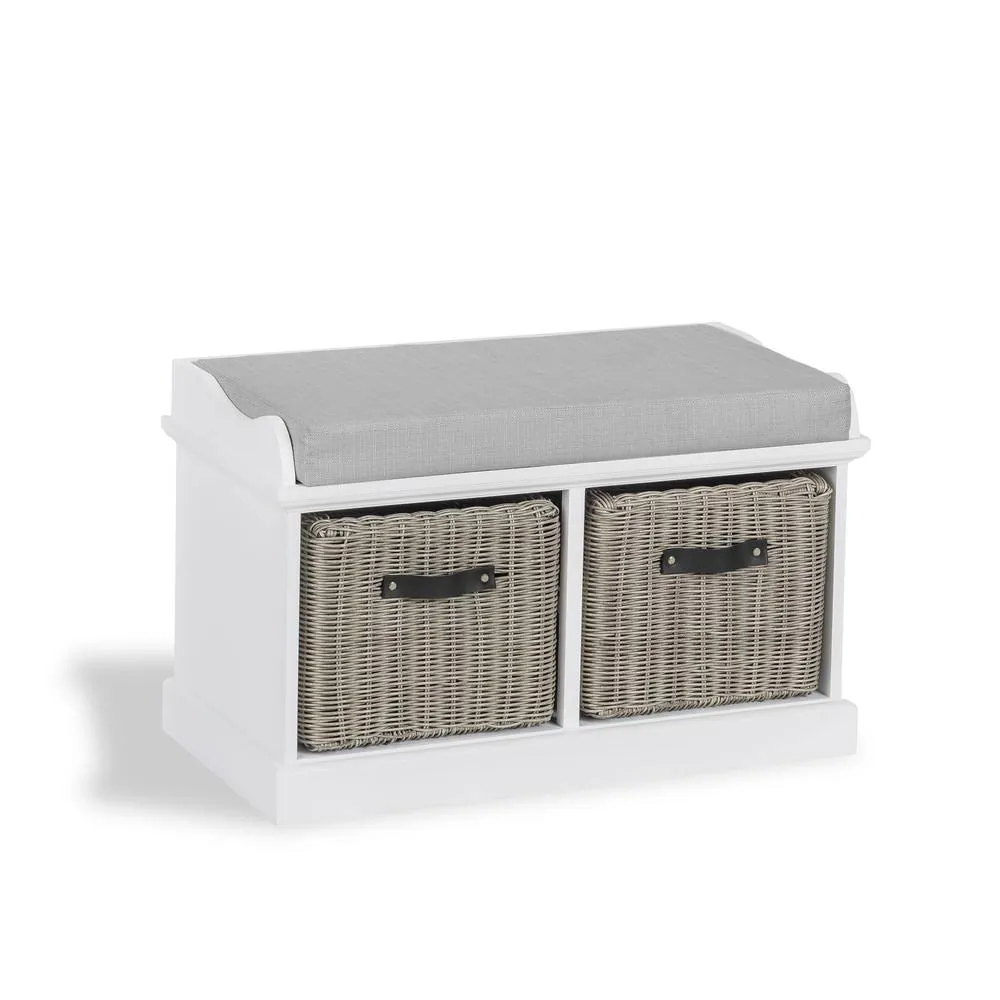 Statement Furniture Tetbury Bench with 2 Grey Faux Rattan Baskets & Grey Cushion in White 3