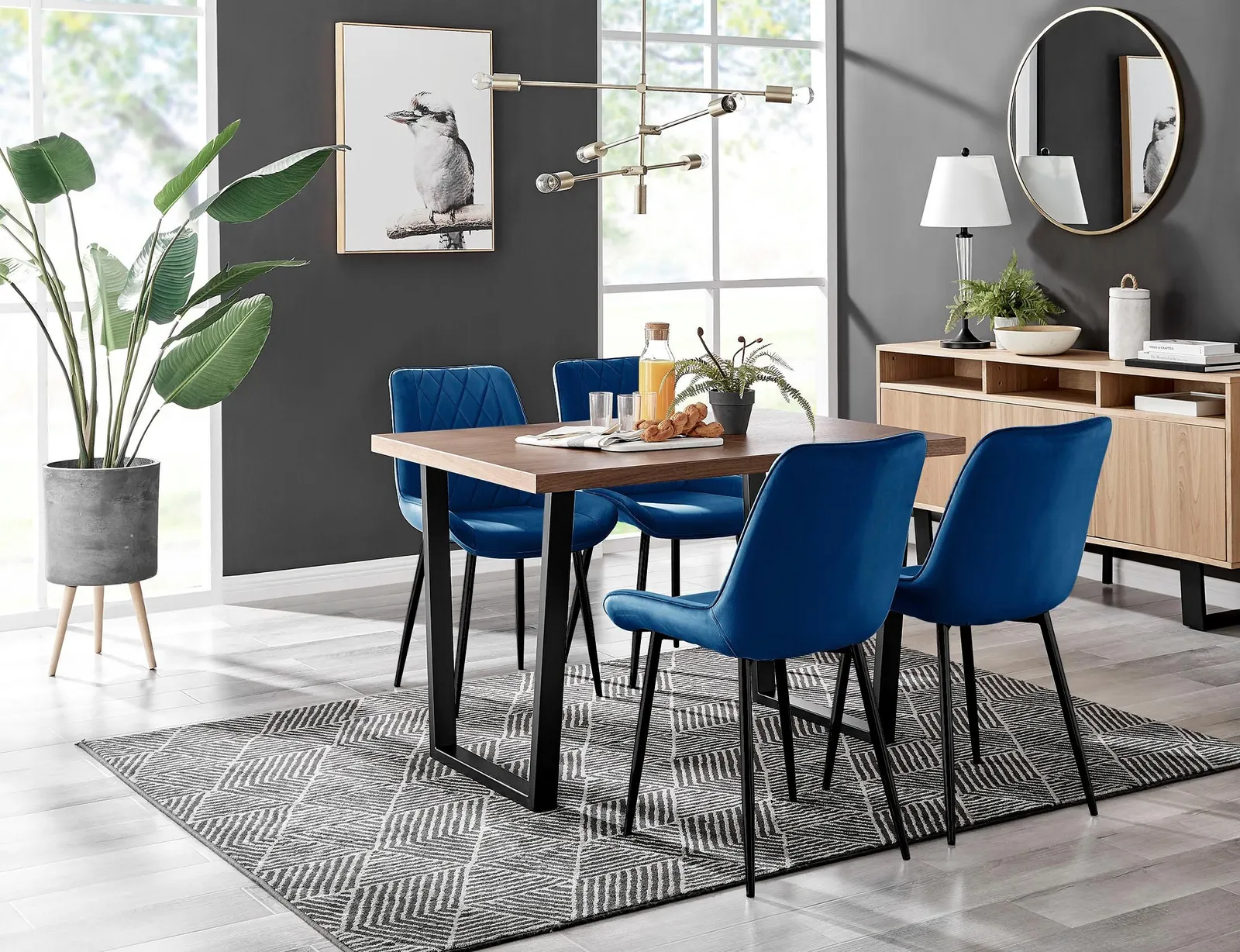 FurnitureboxUK Kylo Brown Wood Effect Dining Table With Black 'U' Legs & 4 Pesaro Velvet Chairs in Navy