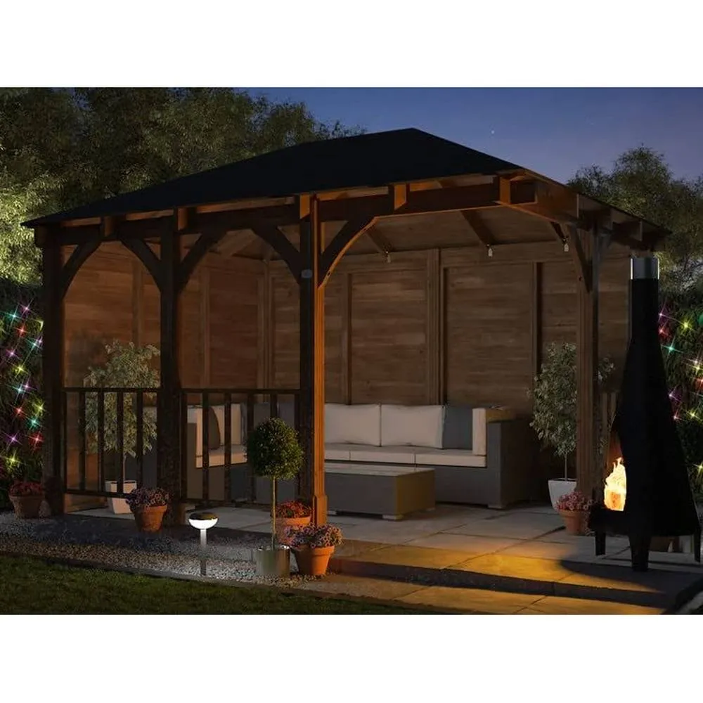 Dunster House Corner Wooden Gazebo 4m x 3m with Roof Shingles - Leviathan in Brown 4
