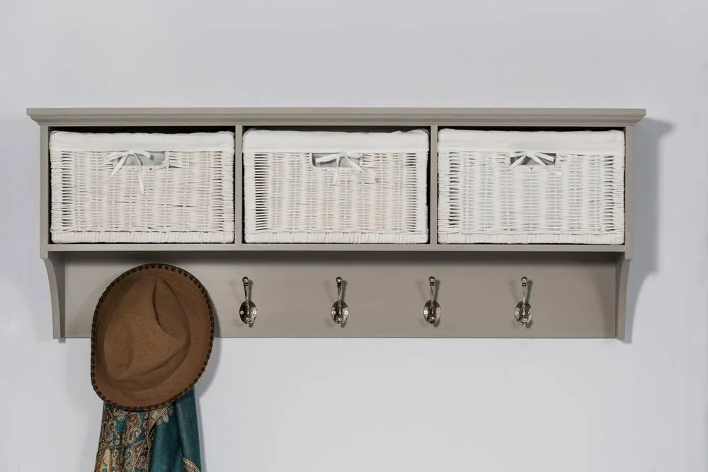 Statement Furniture Tetbury Large Hallway Coat Rack / Shelf with Wicker Storage Baskets in Light Grey 4