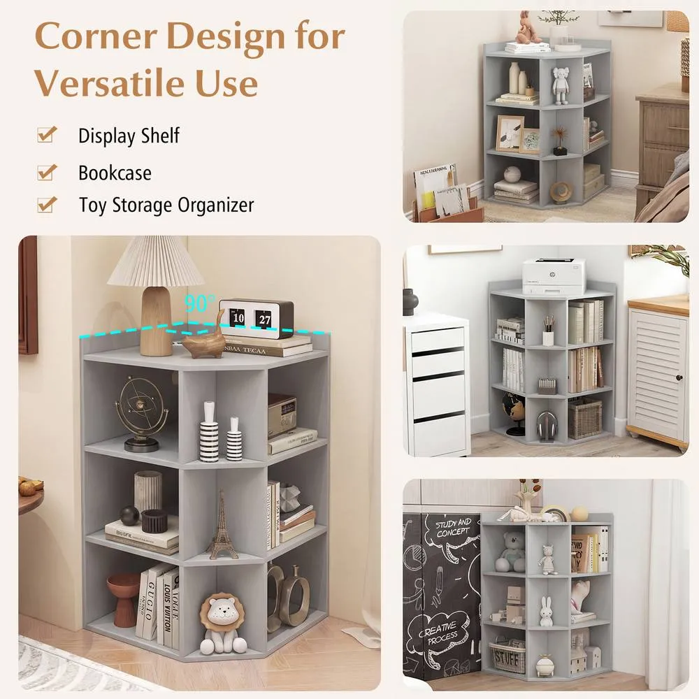 Costway 4-Tier Wooden Corner Bookcase 9 Cubbies Bookshelf w/ Charging Station in Grey 5