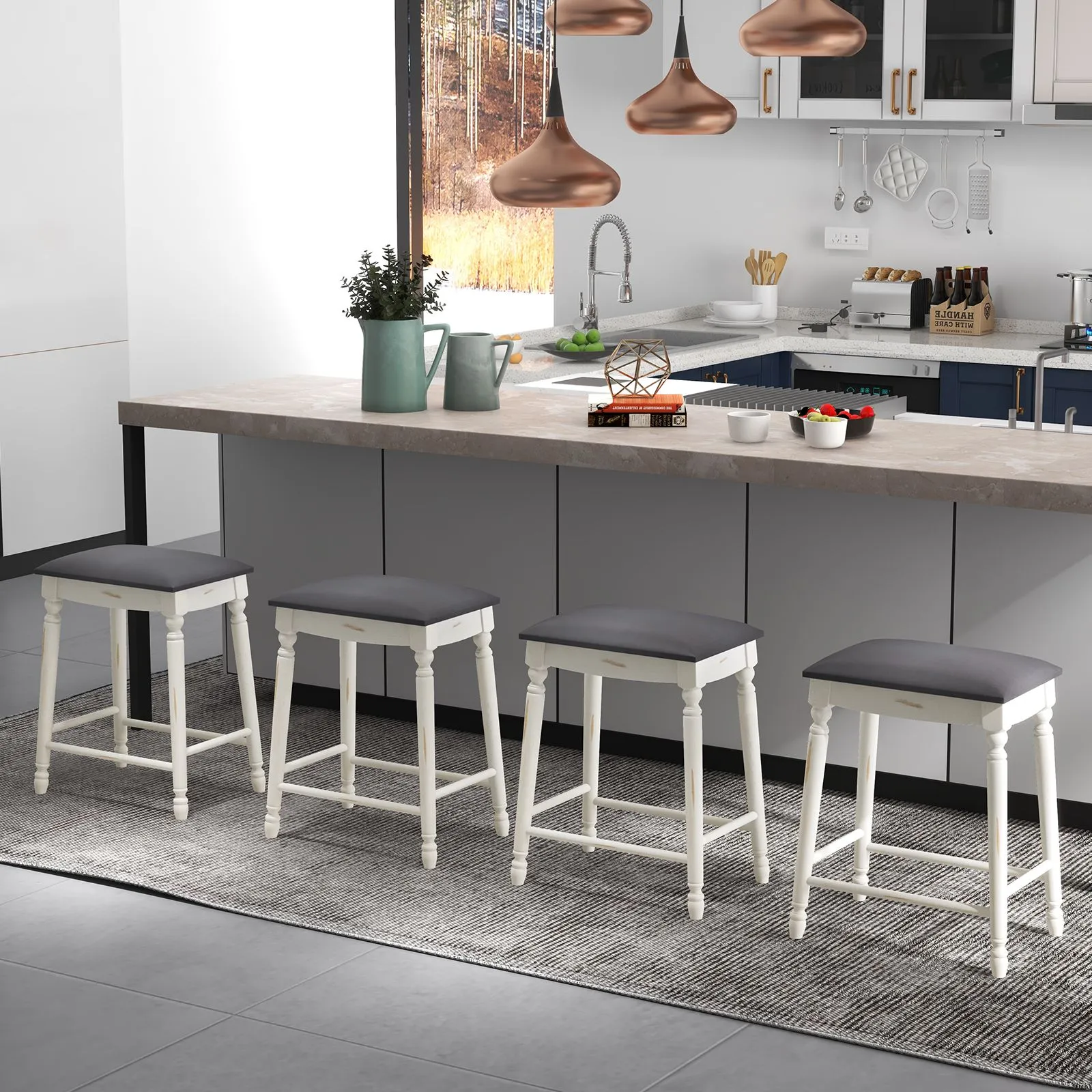 Costway Upholstered Bar Stool Set of 2 24"/61cm Counter Height Stools w/ Padded Seat Cushions in Grey 6