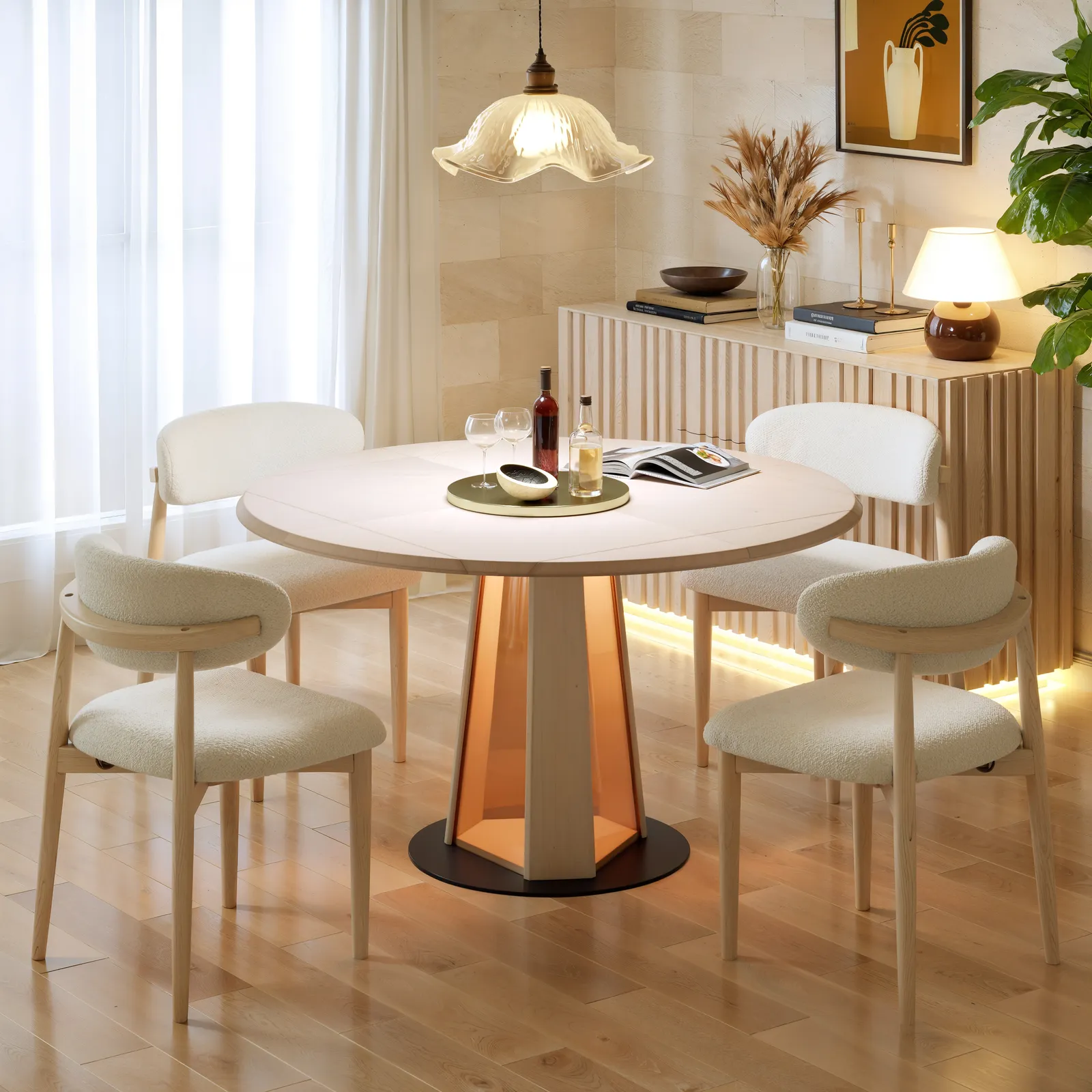 90 - 120 cm Solid Wood Extendable Dining Table with Light