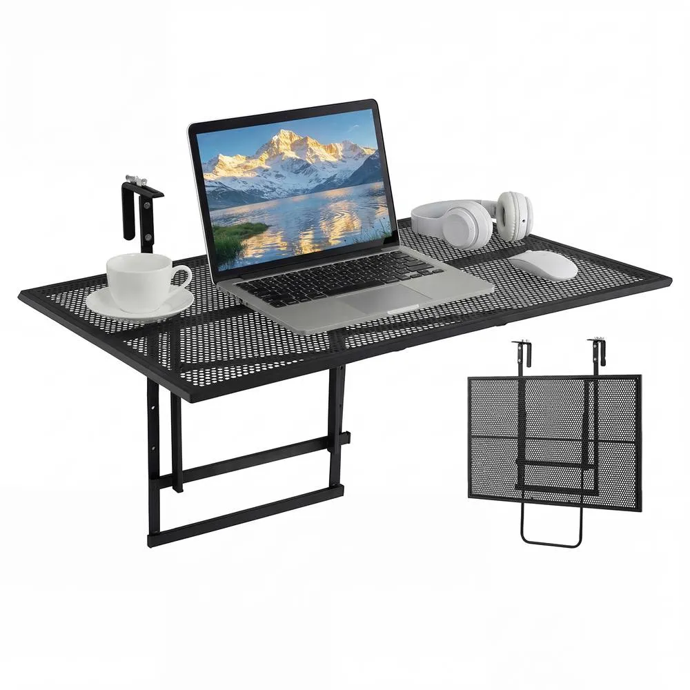 Costway Balcony Railing Table Metal Folding Bar Table w/ 5-Position Height in Black 3