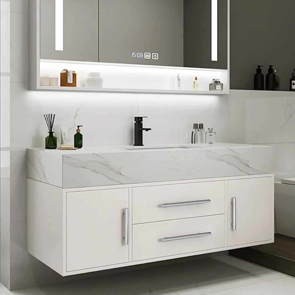 Modern 1000mm White Floating Bathroom Vanity Set with Silver Handle Stone Top Wall Mounted Bathroom Cabinet